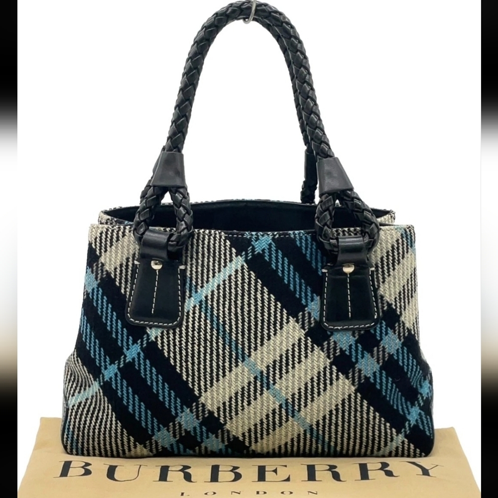 Burberry Check Black and Blue Check Wool Leather Rope Handle Handbag + Dustbag